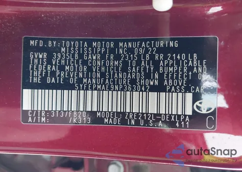 2022 Toyota Corolla Le из США, поврежденный, VIN 5YFEPMAE9NP363042